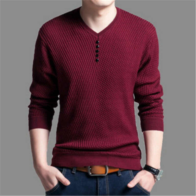 Suéter informal con cuello en V para hombre, Camisa ajustada de manga larga, Jersey de punto de algodón, Top de otoño e invierno, novedad