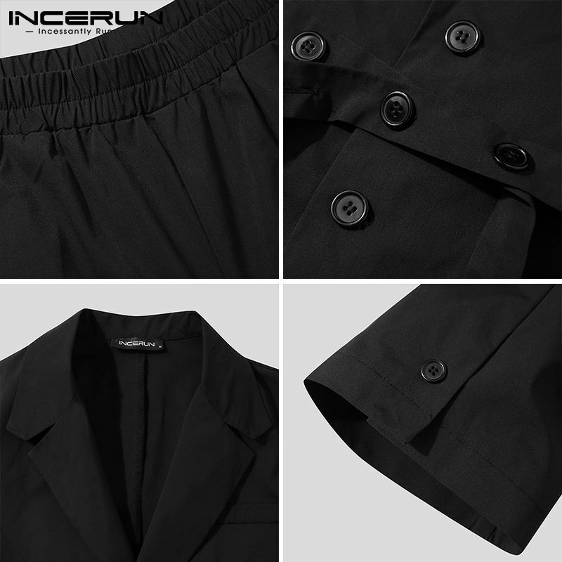 INCERUN 세련된 남성 잘 맞는 세트 중간 소매 반바지 캐주얼 스트리트 착용 허리 넥타이 단색 편안한 정장 S-5XL