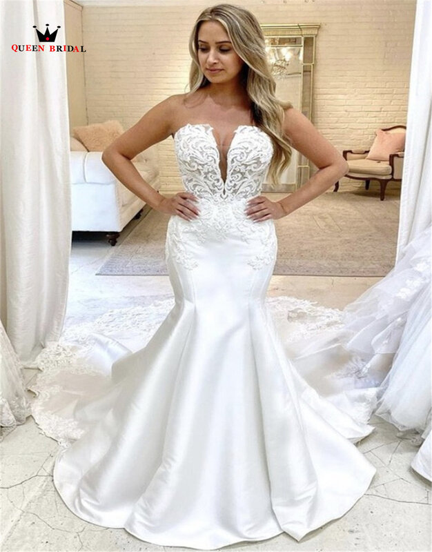 เซ็กซี่งานแต่งงาน Mermaid Strapless V คอ Satin Lace Appliques 2021ออกแบบใหม่ Vintage เจ้าสาว Gowns Custom Made SD02