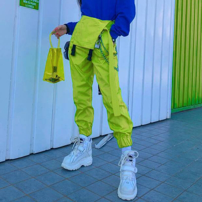 100% Katoen Neon Groene Jumpsuits Vrouwen Goth Kleding Schouder Keten Gesp Pocket Romper 2019 Vrouwen Cargo Jumpsuit Streetwear