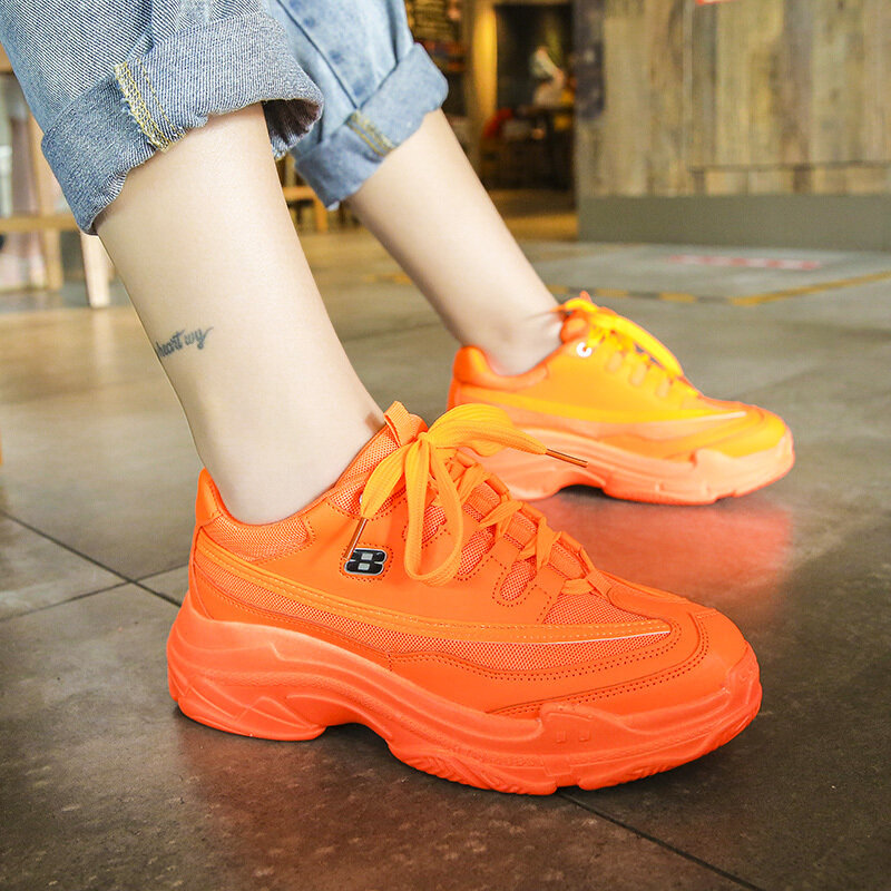 Tênis plataforma respirável feminino, sapatos casuais de malha, baixos, amarelo, macio, casual, laranja