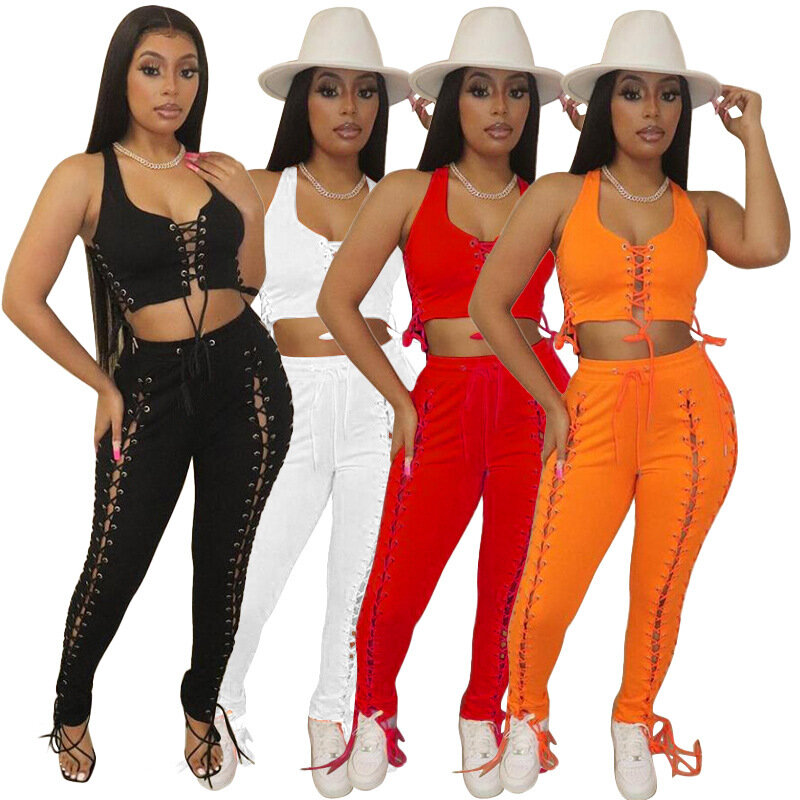 Fitness Women 2 Piece Set Bandage Crop Tank Top + High Wiast Skinny Pencil Pants Sexy Club Party Leggings Matching Tracksuits
