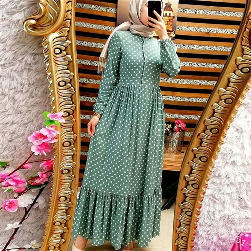 プラスサイズのポルカドットアバヤドバイヒジャーブイスラム教のドレスカフタンmarocainトルコドレスjilbab女性のためabayasイスラム服