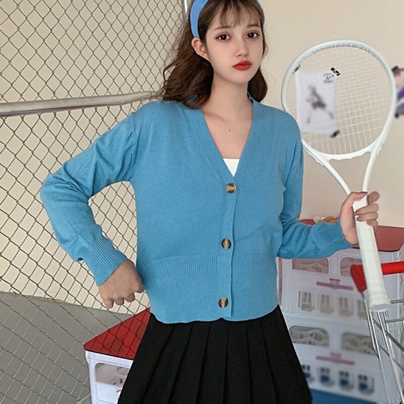 2020 primavera verão senhoras coreano branco preto moda feminina com decote em v botão temperamento cor sólida de manga comprida malha cardigan