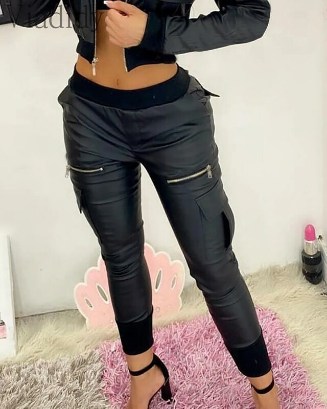Women Slim High Waist Elastic PU Leather Trousers with Pockets Female Streetwear