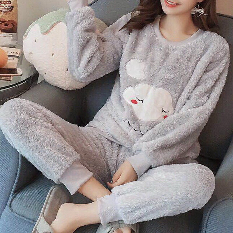 Conjunto pijama feminino de manga comprida, pijama grosso quente de flanela para inverno duas peças de coruja com desenho animado