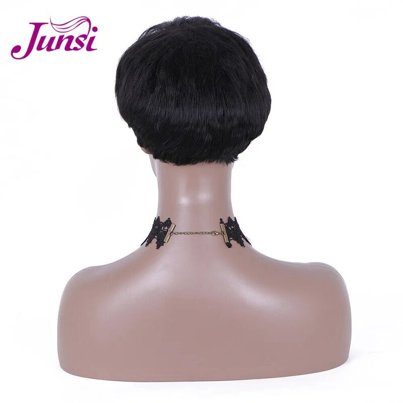 JUNSI Naturaly  Black  Short Curly Afro Wig with Bangs Synthetic Wigs  For  Women   Heat Resistant Fiber Daily Wig