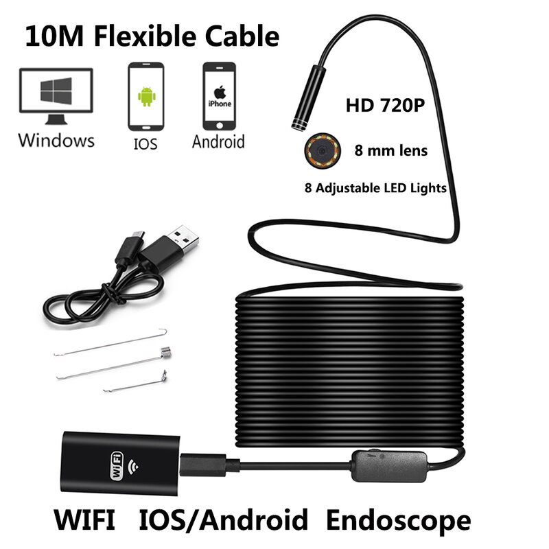 Caméra endoscopique WIFI 2m/10m, objectif 8mm, 2MP 720P serpent USB, fil rigide Flexible, Android IOS PC 8LED d'inspection