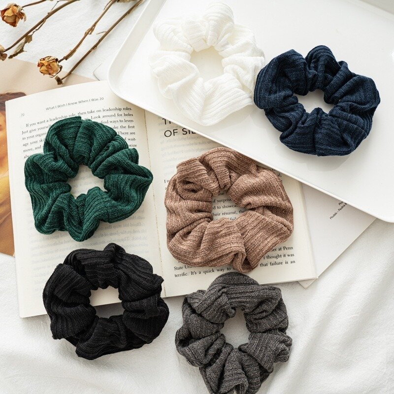 Autumn and Winter Women Warm Big Hair Scrunchies Solid Soft Vintage Hair Gums Striped Fabric Rubber Bands For Hair Bun