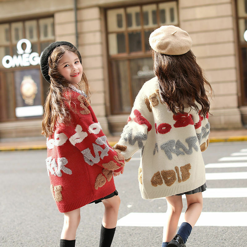 Dziewczęcy płaszcz 2022 nowa wiosenna i jesienna zimowa zachodnia moda dziecięca i młodzieżowa z dzianiny na jesień rozpinany sweter
