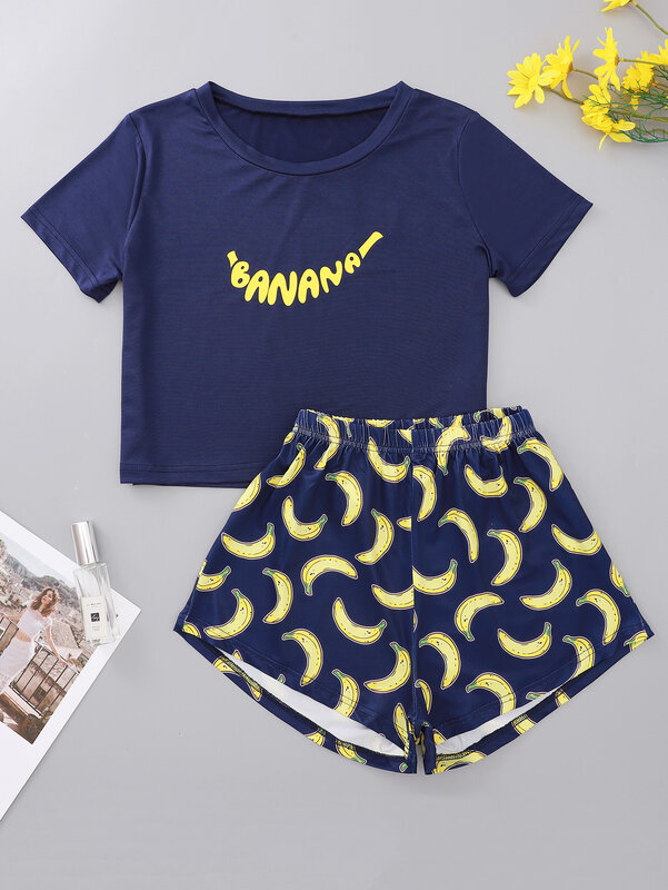 Conjunto de Pijama corto de dos piezas para mujer, ropa de dormir informal, Tops y pantalones cortos, para el hogar, Verano