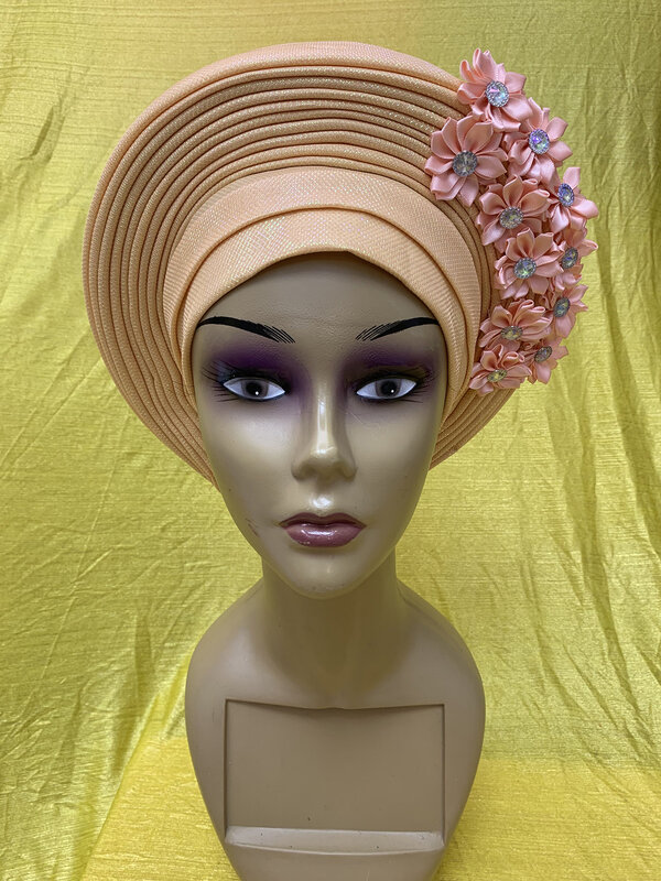 Nigeriano aso oke com pedras mulheres turbante xale africano headties frisado tecido femme headgear costura tecido para festa