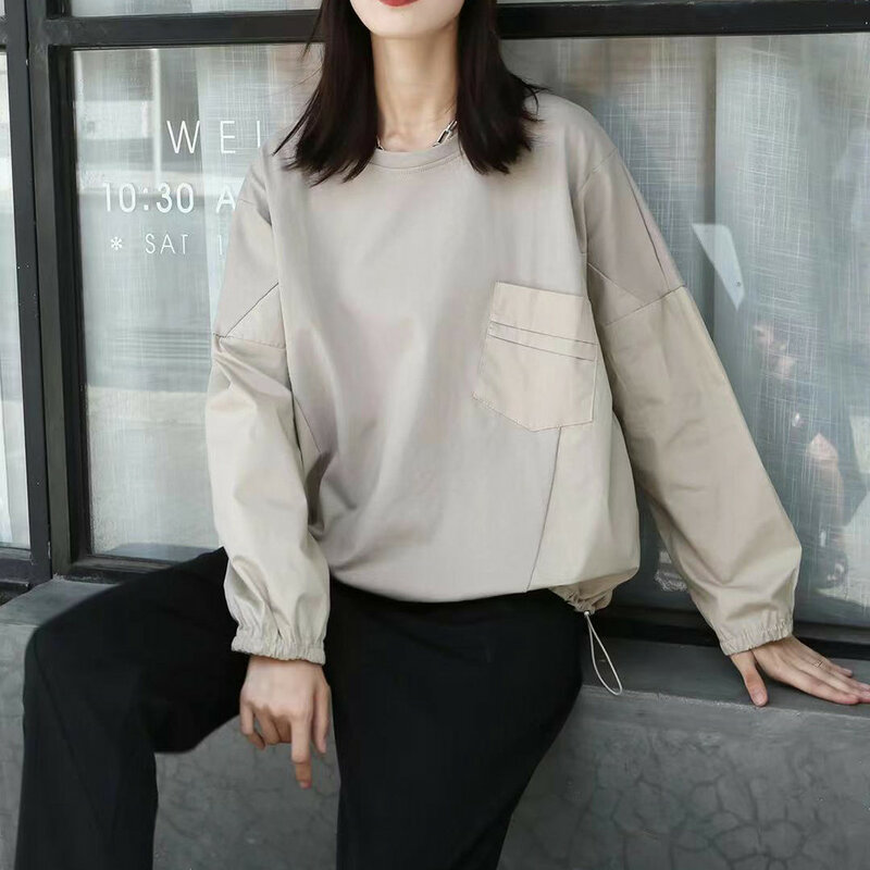 2021 New Women Blouse Solid Color Splicing Round Neck Long Sleeve Pullover Pocket Autumn Japanese Style Fashion Casual