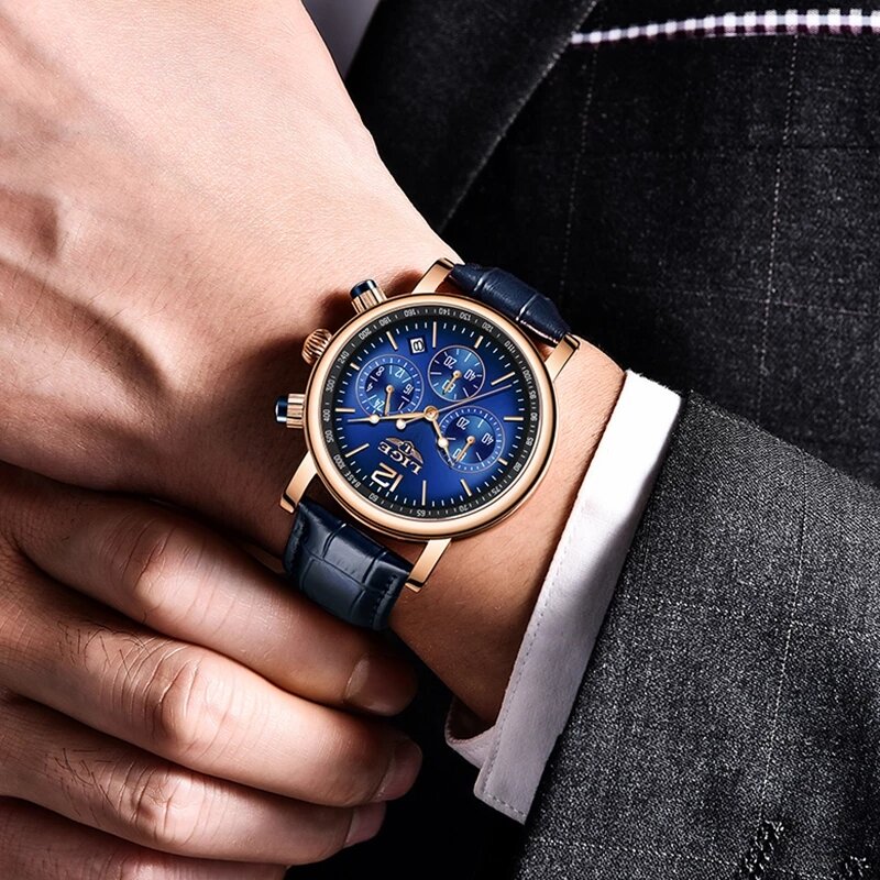 LIGE – montre-bracelet en cuir pour hommes, étanche, à Quartz, marque de luxe, nouvelle collection 2021