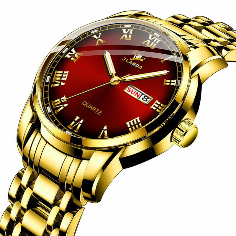 Mens Fashion Watches Waterproof Stainless Steel Watch for Man Date Week Clock Gold Watch Men Quartz Wristwatch for Business