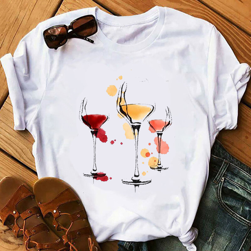 النبيذ الزجاج النساء التي شيرت مضحك T قميص النساء المطبوعة Camiseta موهير قصيرة الأكمام التي شيرت سيدة يونغ فتاة أعلى المحملة أعلى جودة