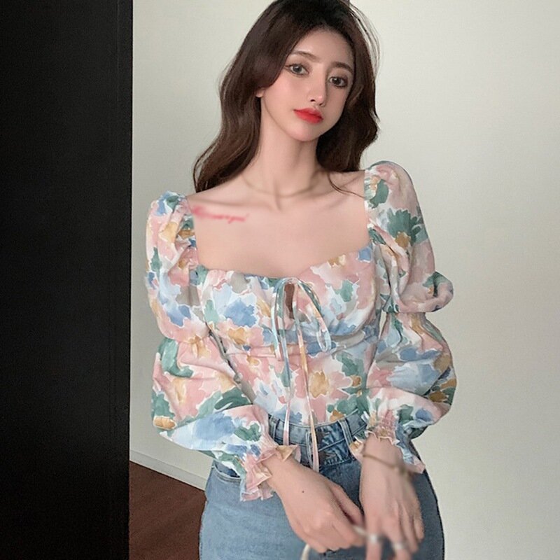 2021 outono novas senhoras moda quadrado pescoço floral impressão sexy doce longo-mangas compridas chiffon camisa topo