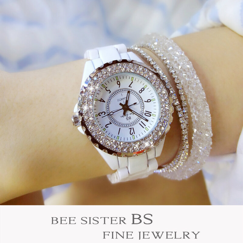 BS Luxury เซรามิคคริสตัลสีขาวสุภาพสตรีควอตซ์นาฬิกาข้อมือแฟชั่นผู้หญิงนาฬิกาผู้หญิงนาฬิกาข้อม...