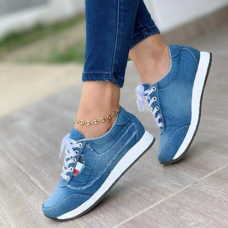 2021 New Sneakers Women Shoes Flats Fashion Casual Ladies Shoes Woman Denim Lace-Up Mesh Breathable Female Sneakers Wearable