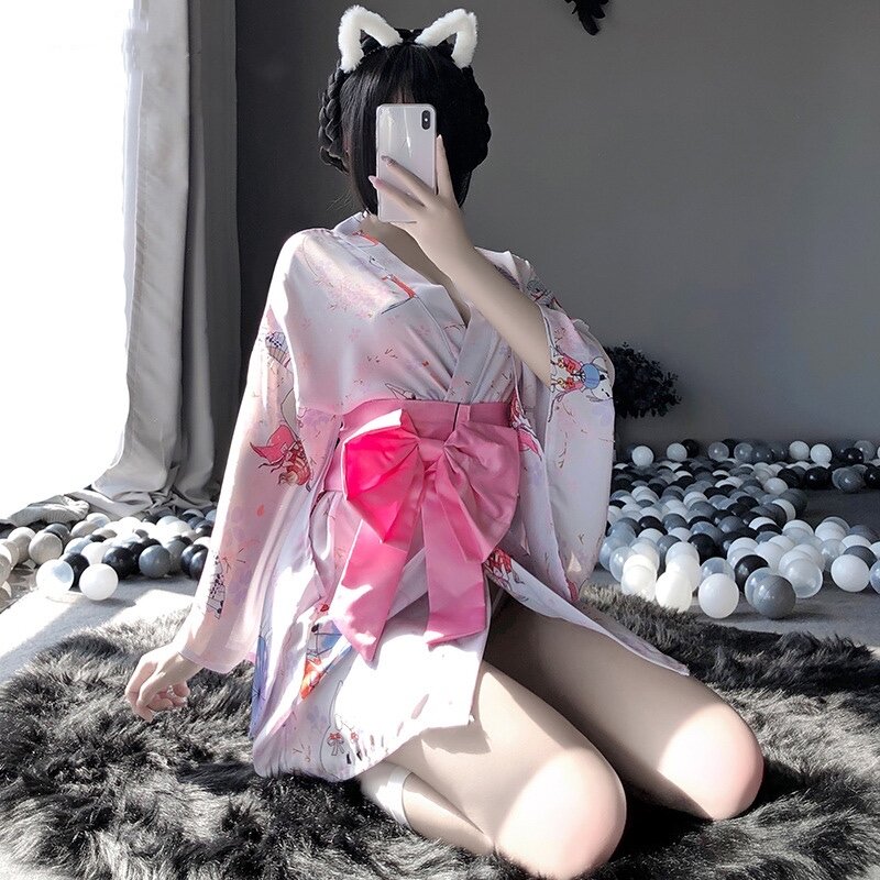 Lingerie sexy japonesa feminina, camisola feminina kimono coelho
