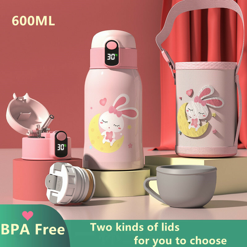 600ML 316 Stainless Steel Kids Vacuum Flask With Straw Double Lid Cute Thermos Cup Outdoor Portable Tumbler Kawaii Water Bottle