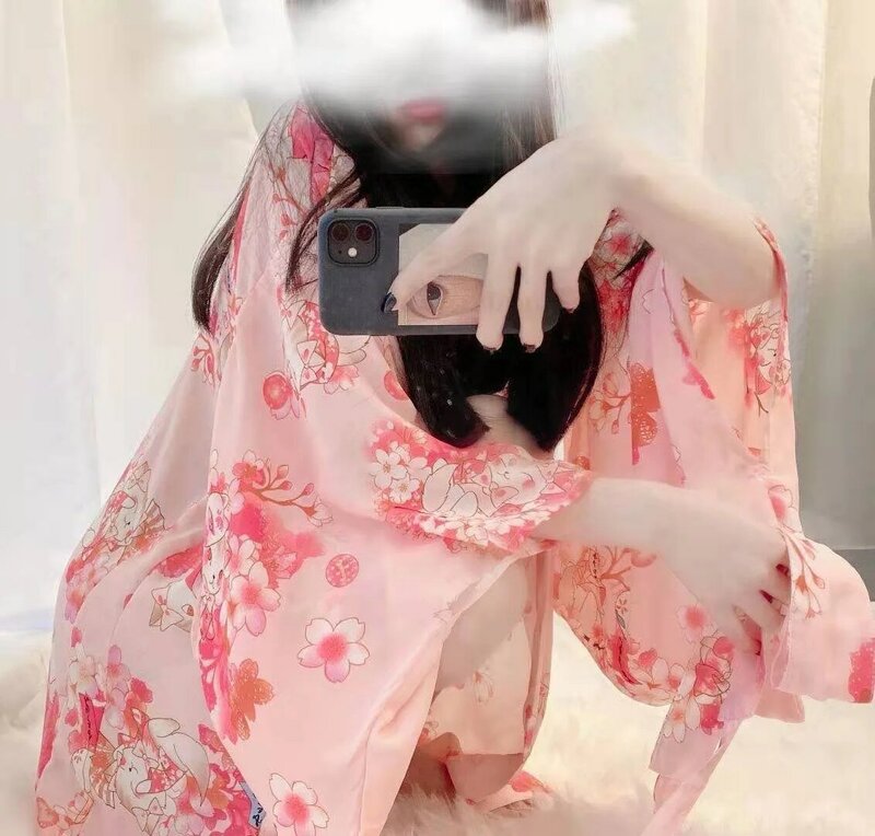 Nowa seksowna bielizna różowa seksowna piżama zestaw szyfonowa japońska koszulka z nadrukiem Kimono NIGHT Sex dla kobiet