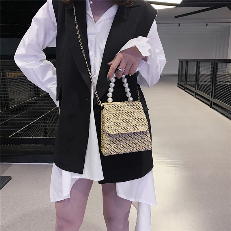 女性のための籐のハンドバッグ,夏のストローバッグ,ビーチで着用する小さな四角いショルダーバッグ,手作り,# p2s
