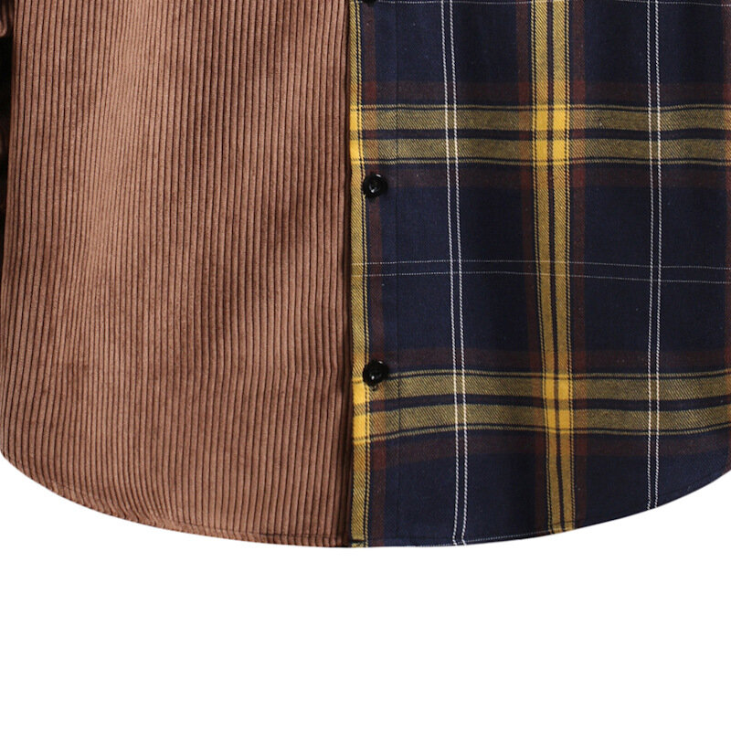 Kemeja Kotak-kotak Tambal Sulam Pria Musim Gugur Kemeja Kancing Bawah Lengan Panjang Korduroi Mode 2021 Streetwear Harajuku