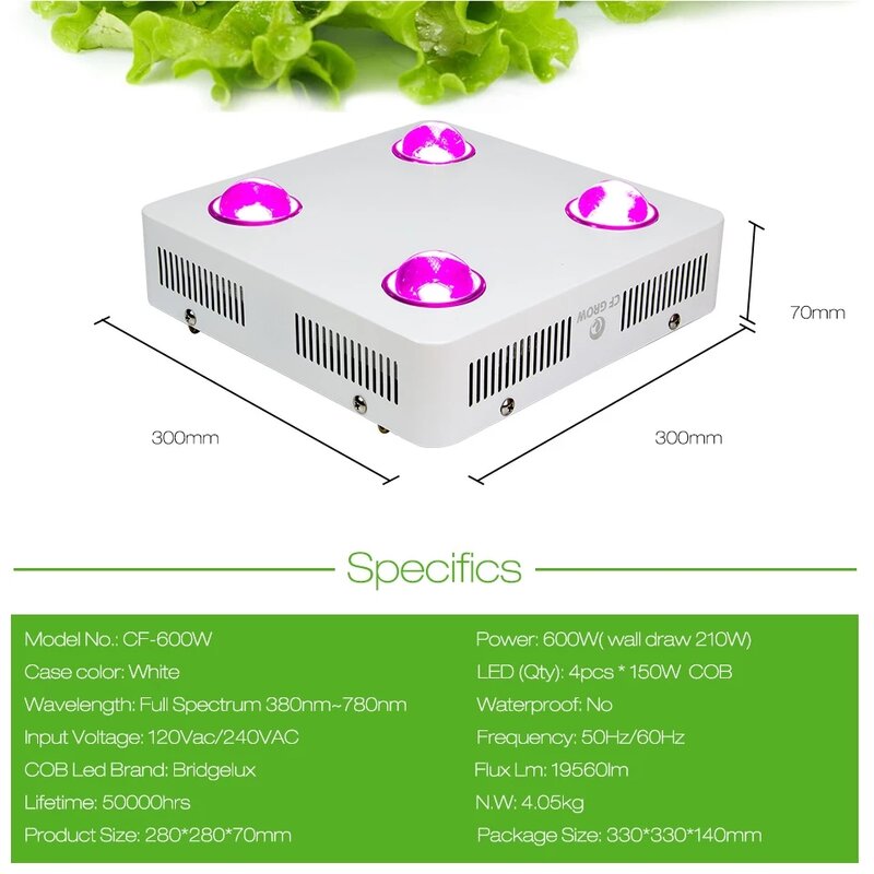 Luz LED COB de espectro completo para cultivo de plantas, iluminación de alta eficiencia luminosa para invernadero hidropónico de interior, 300W, 600W
