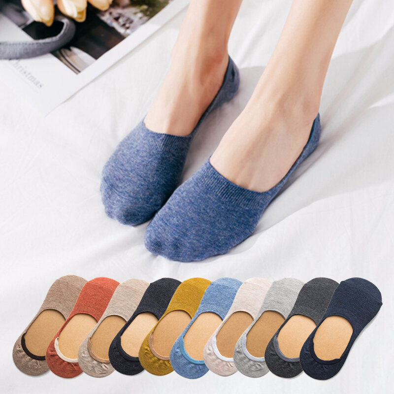 Calcetines invisibles de primavera y verano para mujer y niña, calcetín de Color liso, boca poco profunda, 5 pares