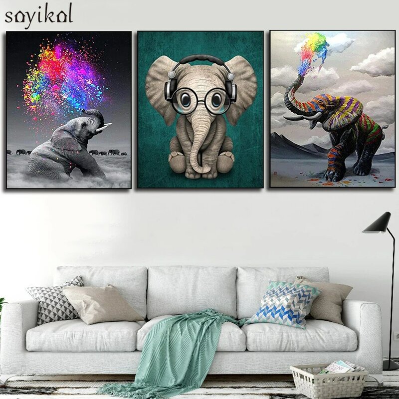 Peinture à l'huile par nombres d'animaux, dessin d'éléphant mignon, lunettes, image murale suspendue, bricolage peint à la main, cadeau pour enfants