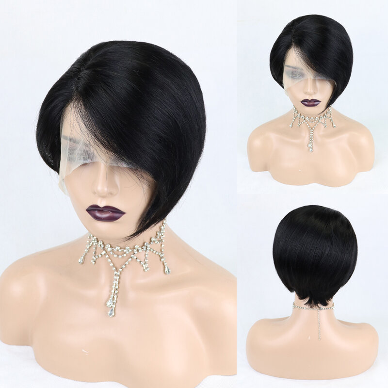 Peluca de cabello humano liso de 13x4, postizo de encaje con cierre Frontal transparente, corte Bob Pixie, color negro