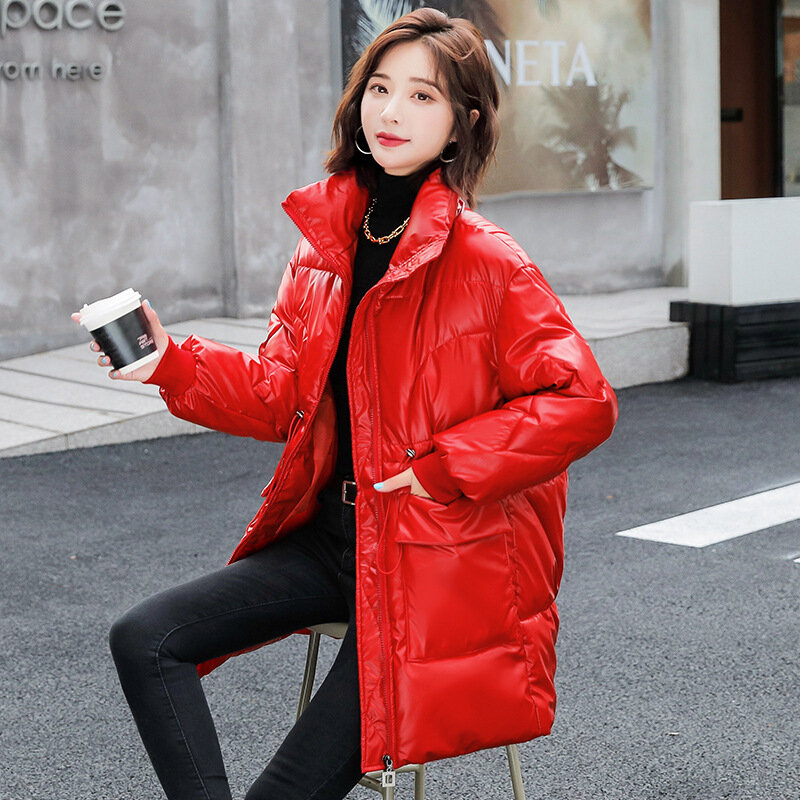 女性の光沢のある綿パッド入りジャケット2021,韓国スタイルの冬服,ミッドレングスのコットンパッド入りコート,ファッショナブル