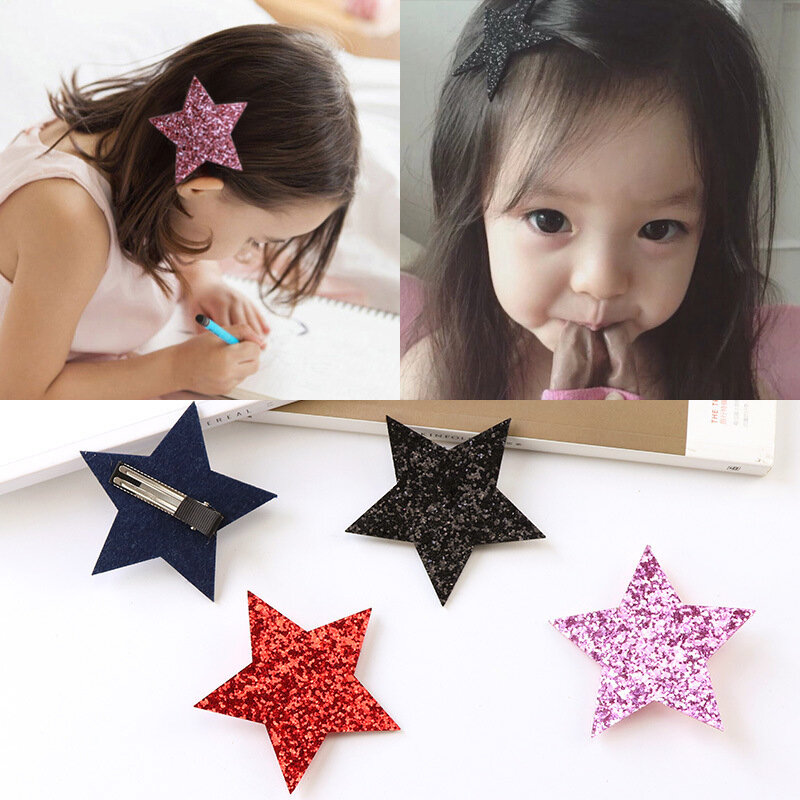 Baby Fashion Shiny Sythetic Leather Star Barrette For Kid Girls Bling Leather Hair Clips Toddlers Hair pins Hair Accessories