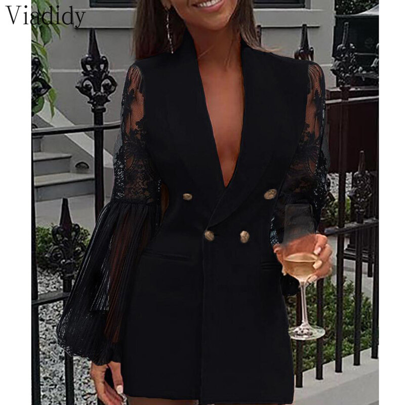 Women Blazer Dress Colorblock Sequins Long Sleeve Double Breasted Party Bodycon Dress