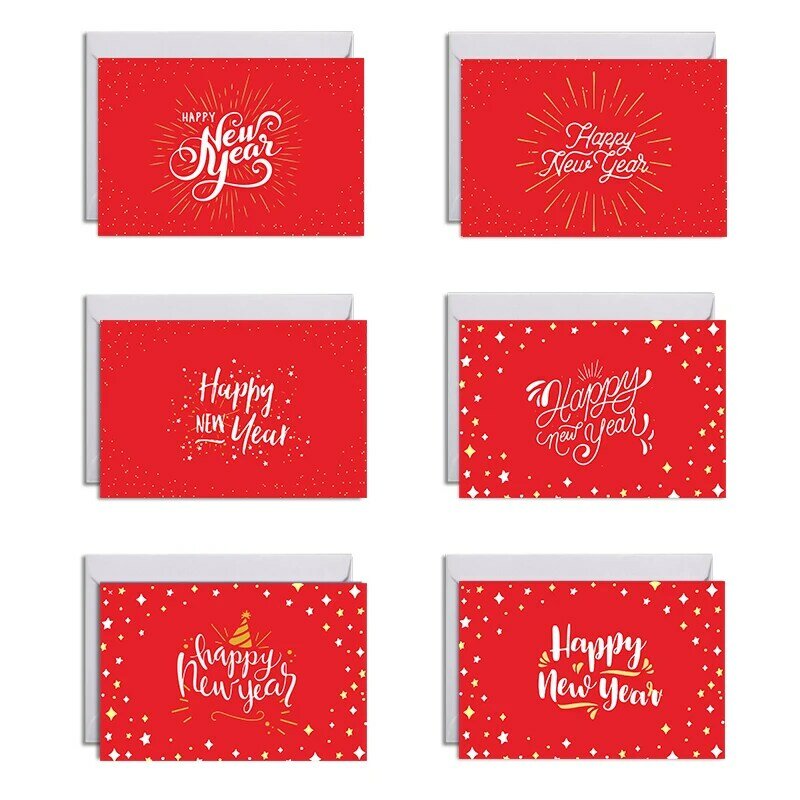 Tarjetas de Feliz Año Nuevo con sobres y pegatinas, plegables, en blanco, interior, para fiesta de año nuevo, 6 juegos por paquete