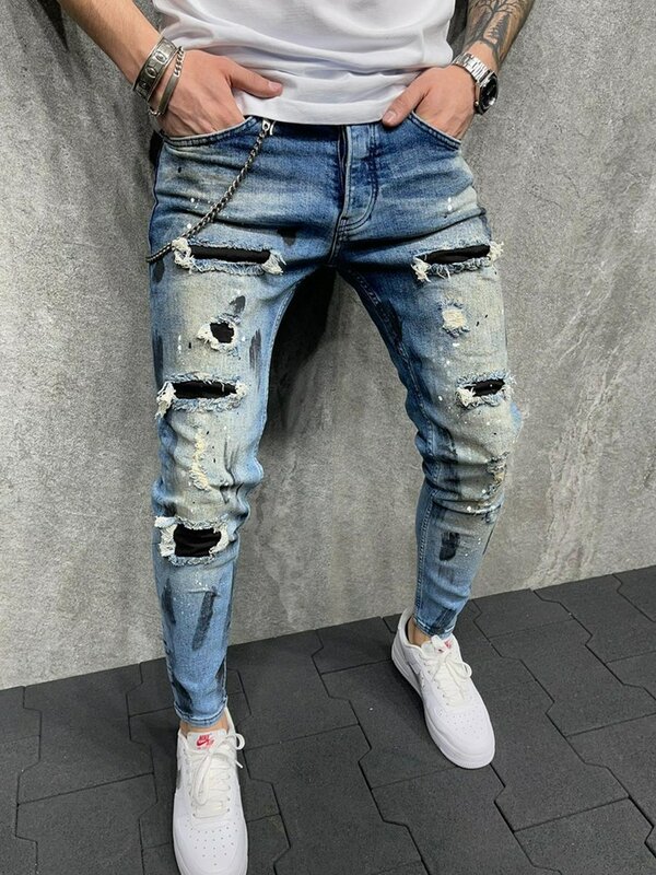 Jeansy męskie w dużych rozmiarach farby zgrywanie męskie spodnie dresowe Sexy spodnie z dziurą na co dzień męskie Street spodnie Skinny fit Slim Biker znosić dżinsy