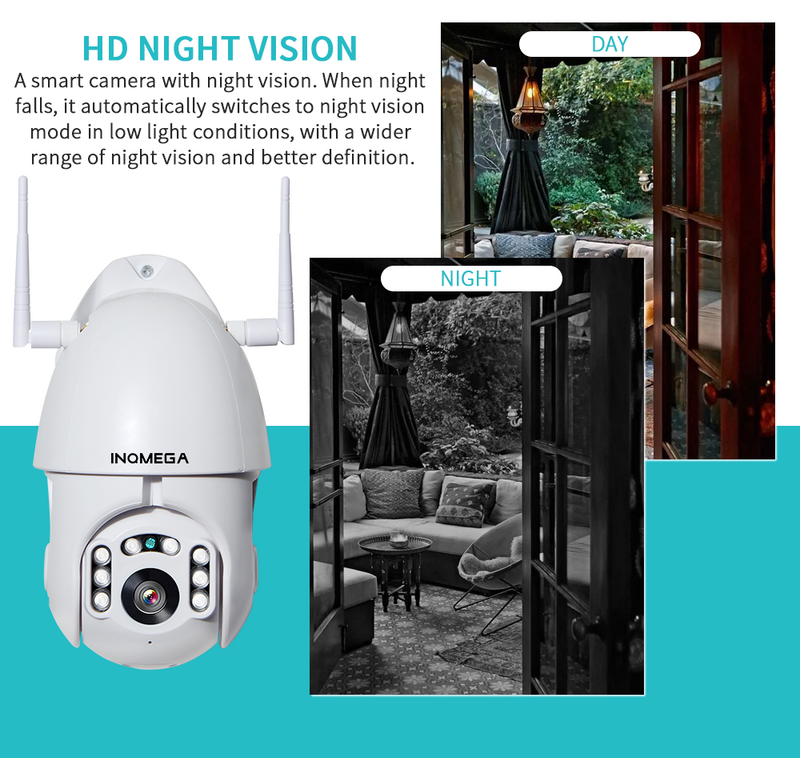 INQMEGA – caméra de surveillance dôme extérieure PTZ IP Wifi hd 1080P, dispositif de sécurité domestique sans fil, avec suivi automatique et protocole Onvif, compatible avec Tuya, Google Home et alexa