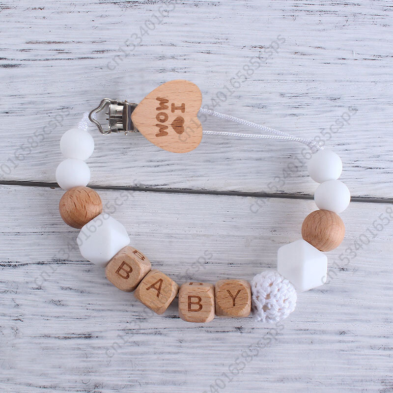 Chupete de madera para bebé, cadena de chupete con nombre personalizado, soporte para dentición, chupete, juguete para masticar