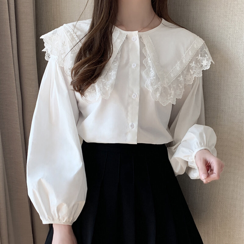 Tops femininos de renda manga comprida primavera nova 2021 estilo coreano lanterna shorts manga boneca colarinho camisa branca blusa feminina 580h