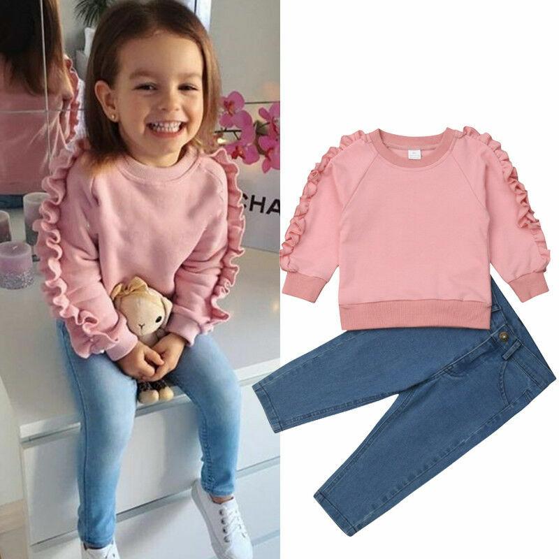 Conjunto de roupas 2 peças, roupas fashion para bebês meninas com babado rosa, camiseta jeans, calças de outono e inverno