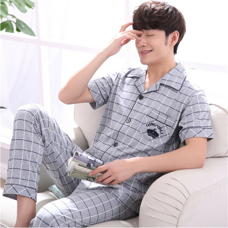 Pijamas de algodão masculino conjunto loungewear masculino camisa de dormir calças xadrez hombre invierno inverno homem pijamas para homem