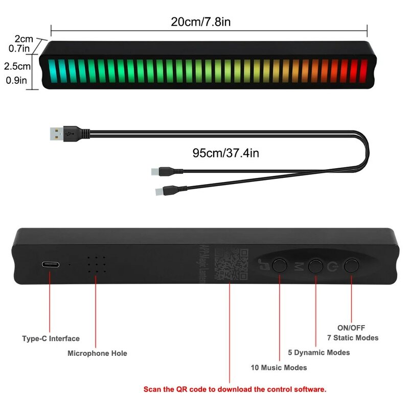 2 Pcs RGB 조명 음악 동기화 리듬 램프 스트립 라이트 바 사운드 컨트롤 픽업 리듬 조명 RGB 자동차에 대 한 다채로운 주변 빛