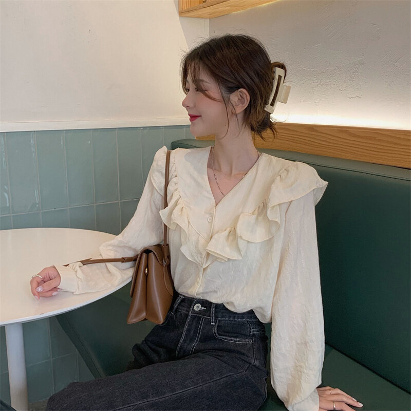 Рубашка с длинным рукавом и оборками, Женский дизайнерский топ с V-образным вырезом на раннюю осень, 2021