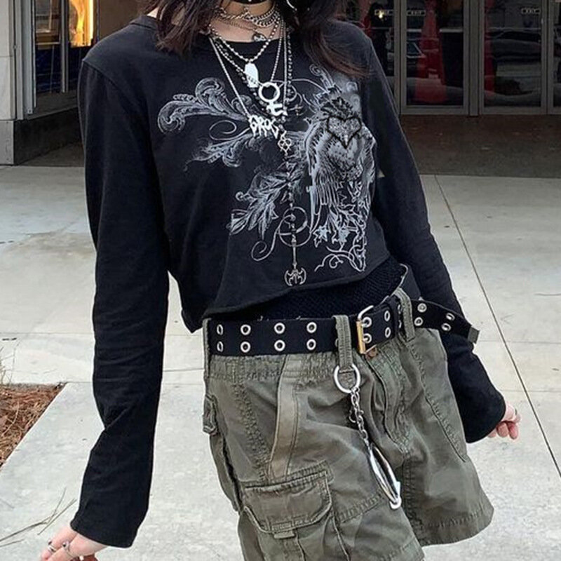 Женская толстовка с длинным рукавом Goth, черная свободная футболка в стиле Харадзюку, Y2K, с художественным принтом, в стиле хип-хоп, панк, со ст...