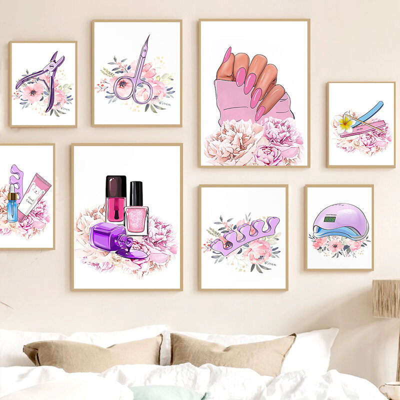 Tecnologia do prego salão de beleza tesoura cor-de-rosa arte da parede pintura da lona nórdico cartazes e impressões fotos parede para sala de beleza salão de beleza decoração