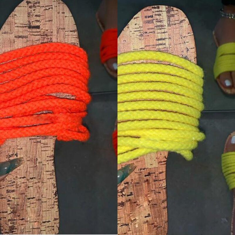 Zapatillas de cuerda con punta abierta para mujer, zapatos de punta abierta en color naranja y madera, chanclas de playa, para verano, 2020