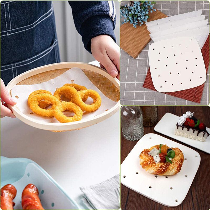 100Pcs Baking Paper Oil Paper Fryer Steamer Liners Baking Non-Stick Mat Perforated Wood Pulp Papers Kitchen ​Steaming Mat 8.6in