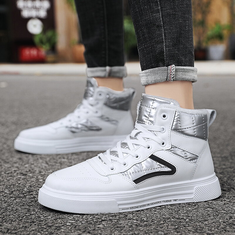 Winter men shoes high-top men's casual shoes white Warm casual canvas shoes  Height Increasing Non-Leather Casual Shoes
