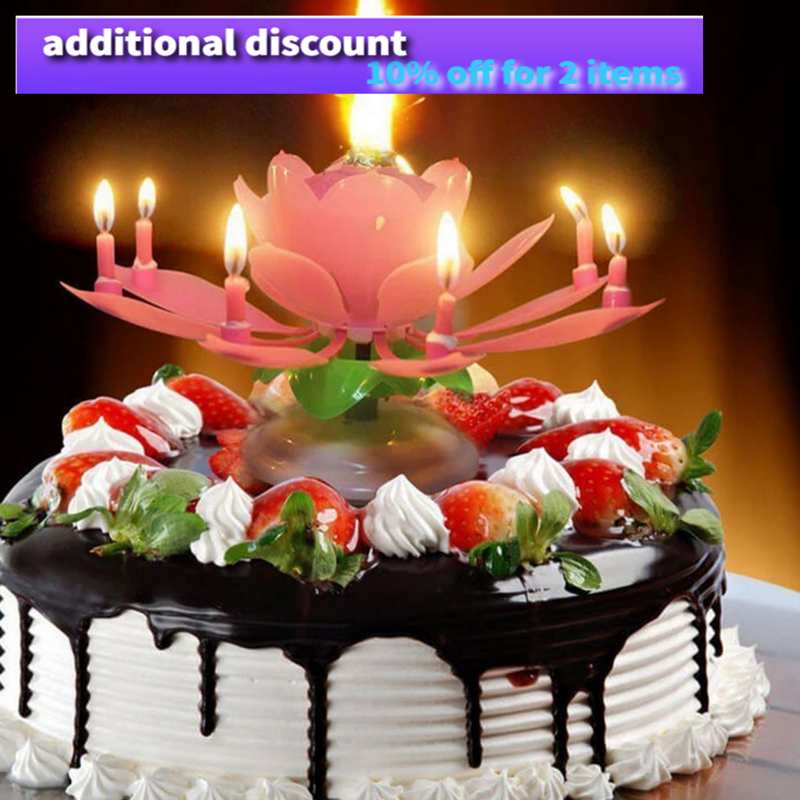 Vela giratoria de plástico de doble capa para pastel de cumpleaños, Flor de Loto, música, 30 pulgadas, 18x11,5 cm